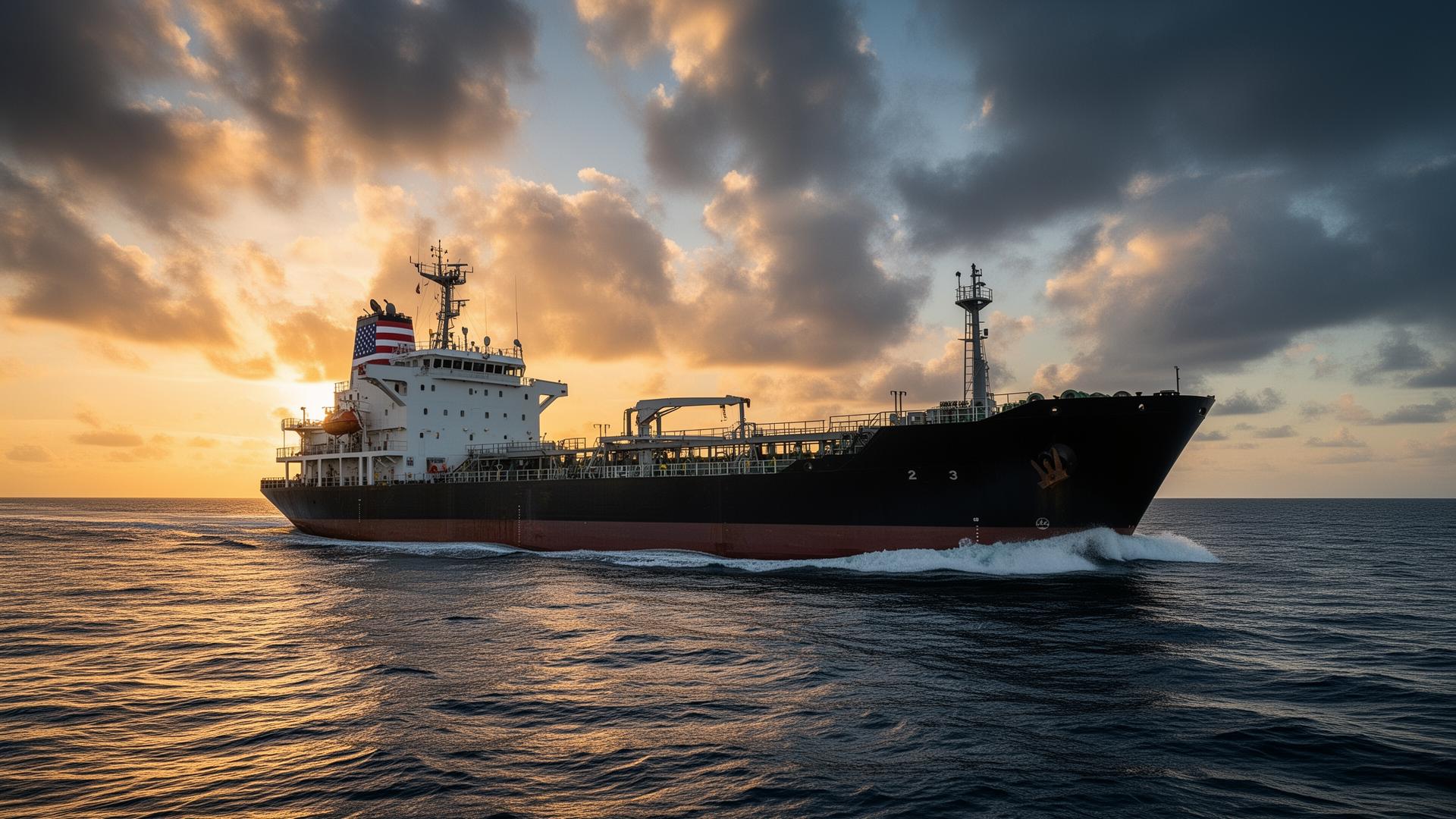 A US-flagged offshore tanker under way at sunset, from the L&R Midland splash screen
